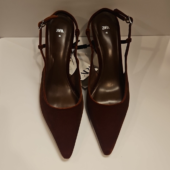 Zara Velvet Brown Slingback Heels - Size 10 - Picture 2 of 6